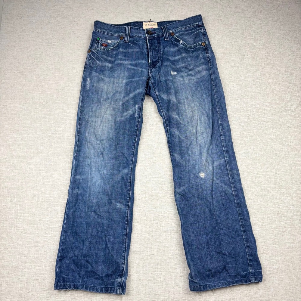 Energie Mens Vintage Y2K Distressed Jeans Italy Sixty SPA Blue Straight 32x28